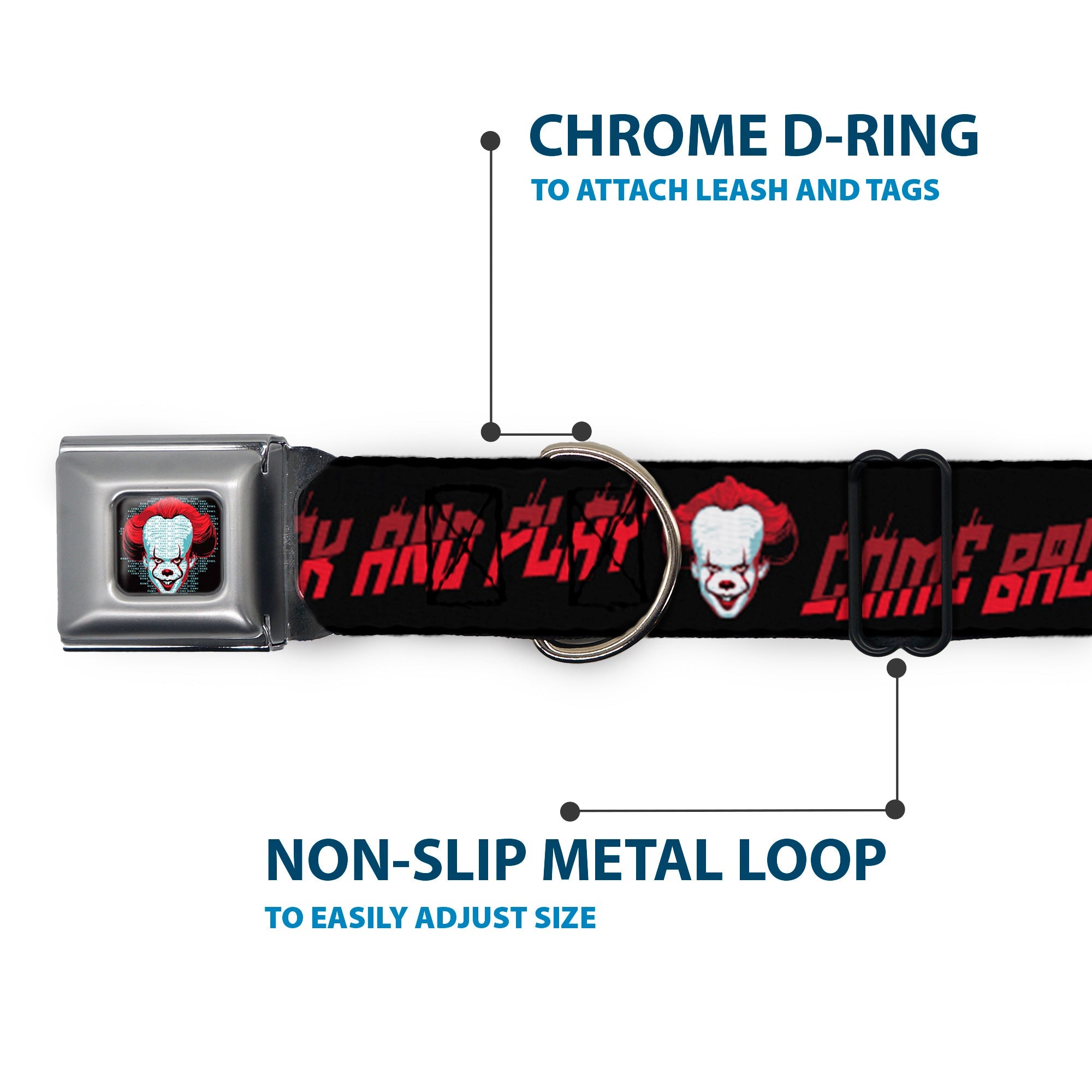 It Chapter Two Pennywise Face Full Color Black/Reds/Blues Seatbelt Buckle Collar - It Chapter Two Pennywise Face COME BACK AND PLAY Black/Reds