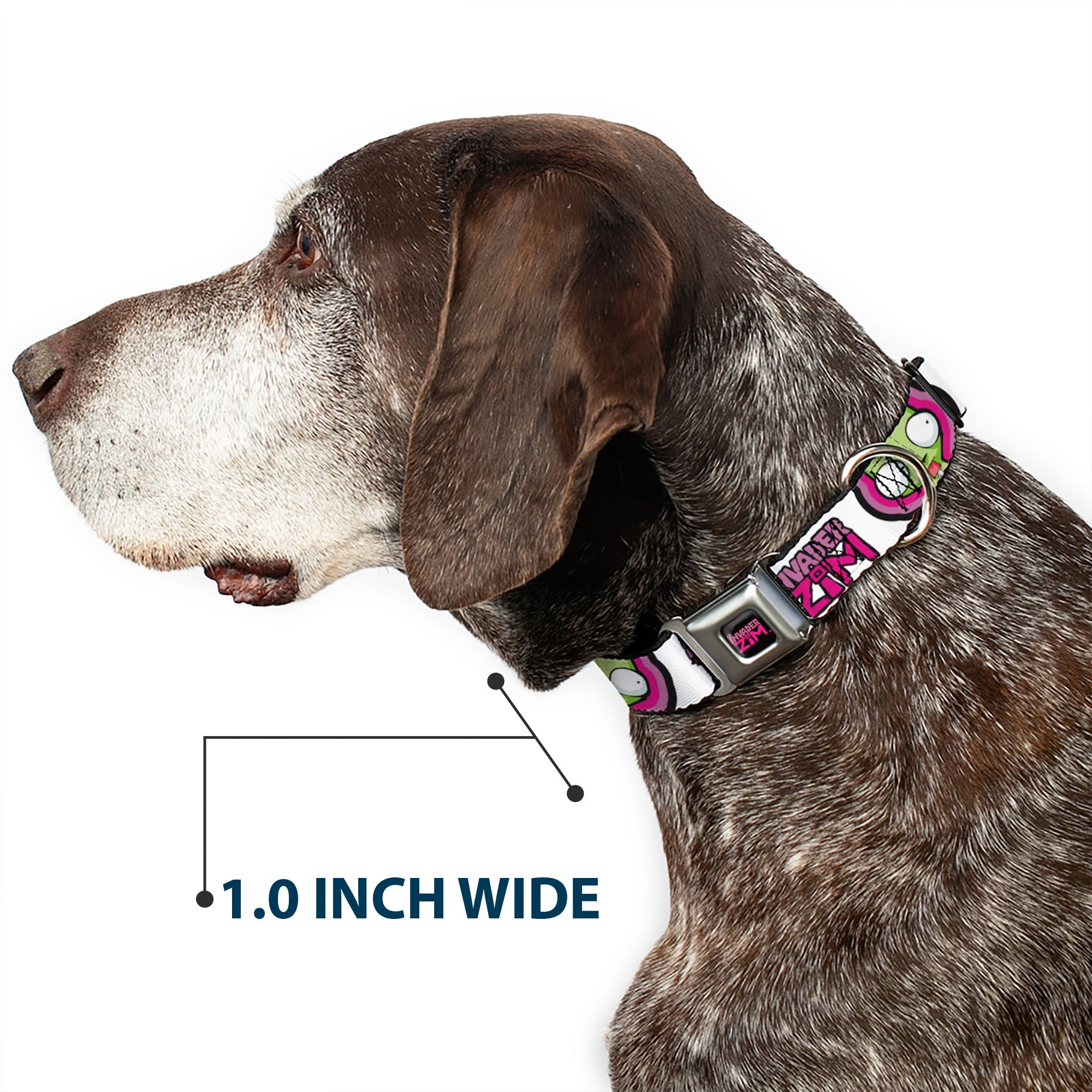 INVADER ZIM Title Logo Full Color Pink/Green Seatbelt Buckle Collar - INVADER ZIM Title Logo and GIR Pose Close-Up White/Pinks