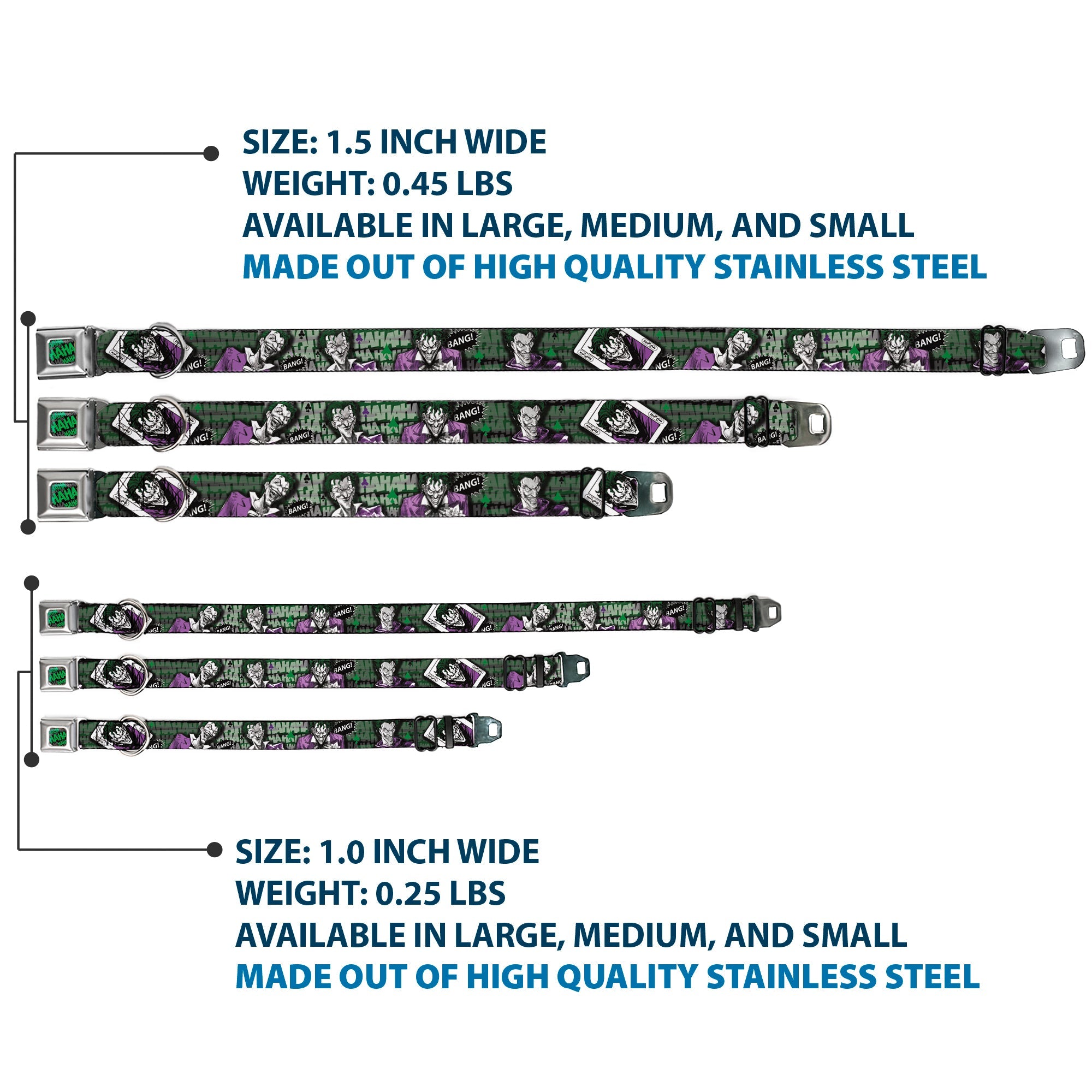 HAHA Stacked Full Color Black/Gray/Green Seatbelt Buckle Collar - The Joker 4-Poses/Joker Card HAHA/Smile/BANG! Grays/Greens/Purples