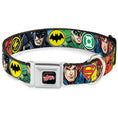 Load image into Gallery viewer, JUSTICE LEAGUE Star Logo Black/Silver-Fade/Red Seatbelt Buckle Collar - Justice League 4-Superhero CLOSE-UP Poses/Logos
