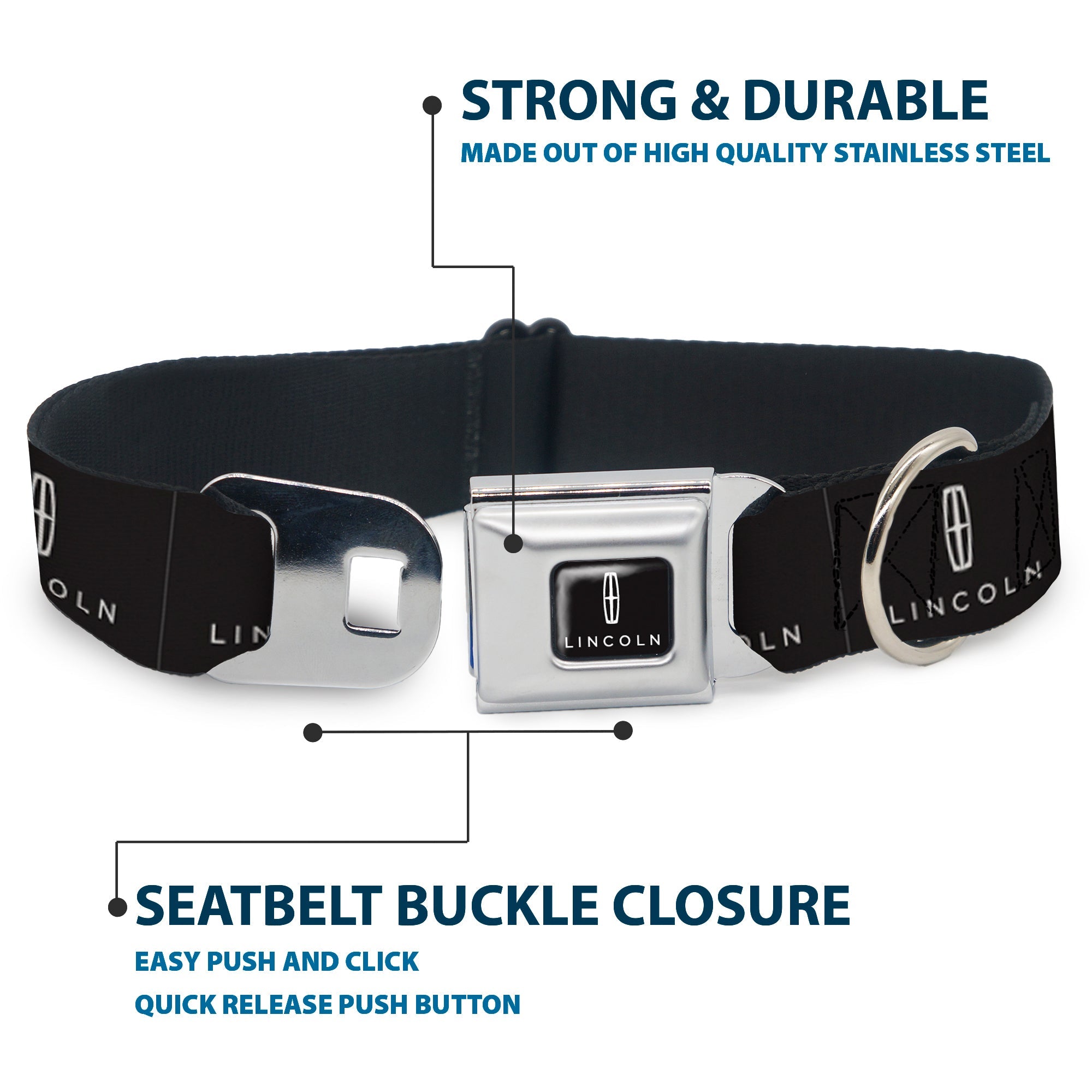 LINCOLN Four Point Star Emblem and Text Full Color Black/White Seatbelt Buckle Collar - LINCOLN Four Point Star Emblem and Text Black/White