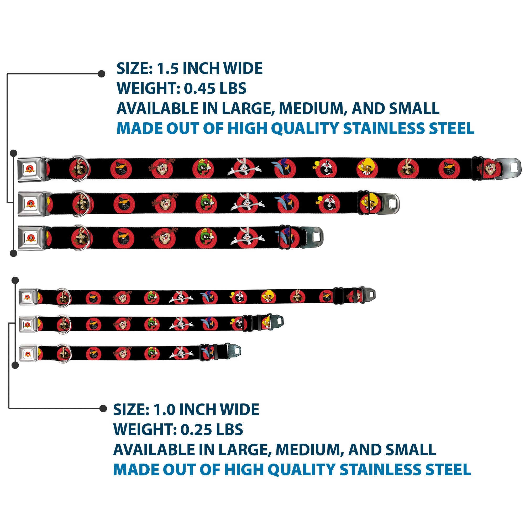 Looney Tunes Logo Full Color White Seatbelt Buckle Collar - Looney Tunes Characters Bullseye Pose Black