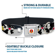 Looney Tunes Logo White Seatbelt Buckle Collar - Sylvester and Tweety Poses Scattered Charcoal
