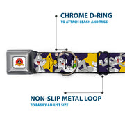 Looney Tunes Logo Full Color White Seatbelt Buckle Collar - Bugs Bunny Poses/Stars Navy