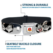 Looney Tunes Logo Full Color White Seatbelt Buckle Collar - Bugs Bunny CLOSE-UP Expressions Black