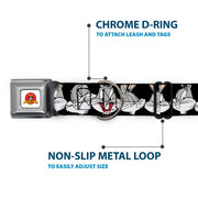 Looney Tunes Logo Full Color White Seatbelt Buckle Collar - Bugs Bunny CLOSE-UP Expressions Black