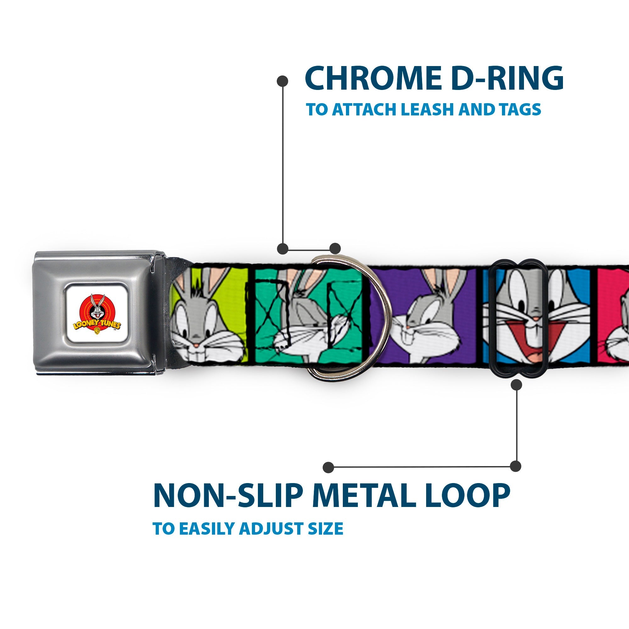 Looney Tunes Logo Full Color White Seatbelt Buckle Collar - Bugs Bunny Expression Blocks Multi Color