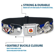 Looney Tunes Logo Full Color White Seatbelt Buckle Collar - Bugs Bunny CLOSE-UP Poses Blue