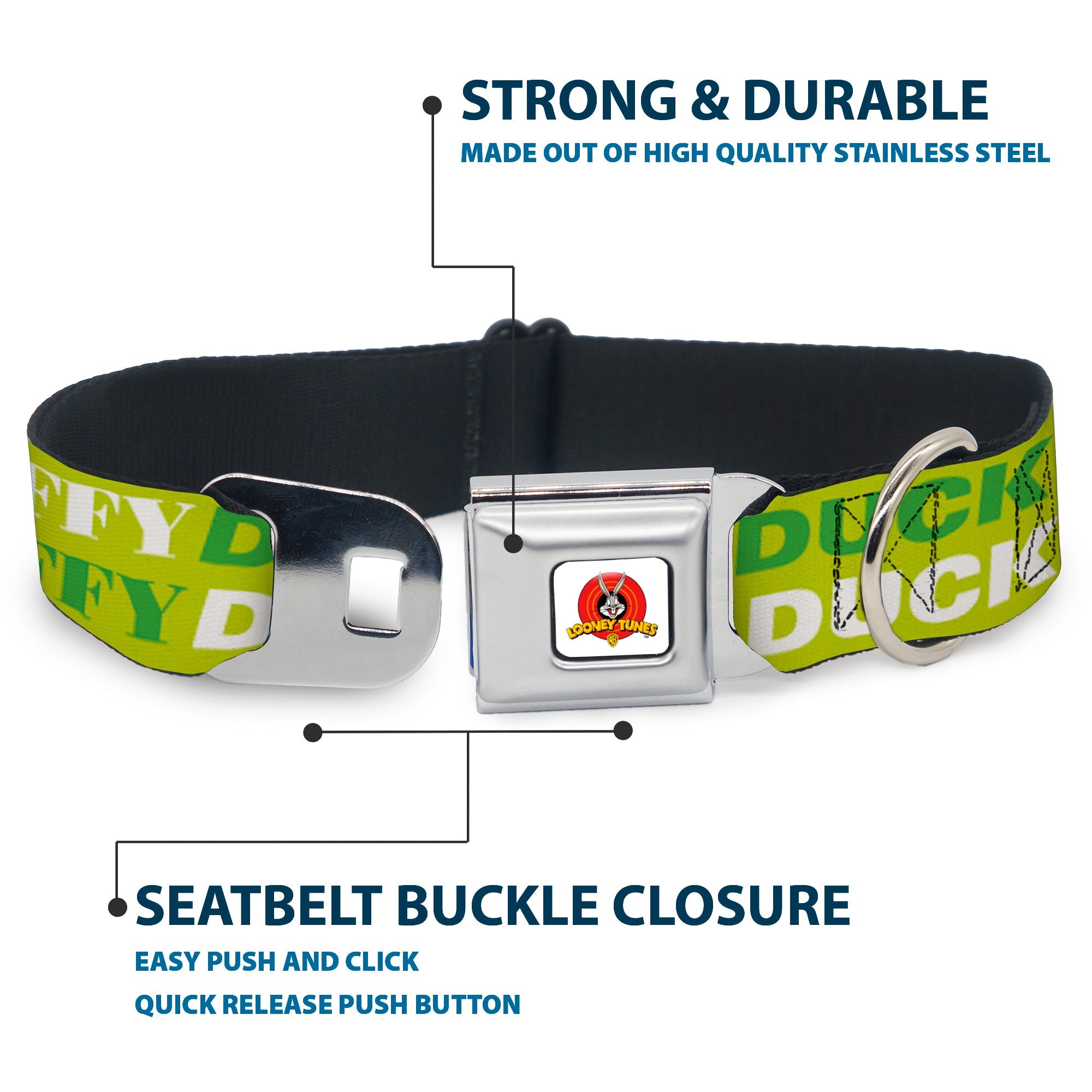 Looney Tunes Logo Full Color White Seatbelt Buckle Collar - DAFFY DUCK w/Face CLOSE-UP Greens
