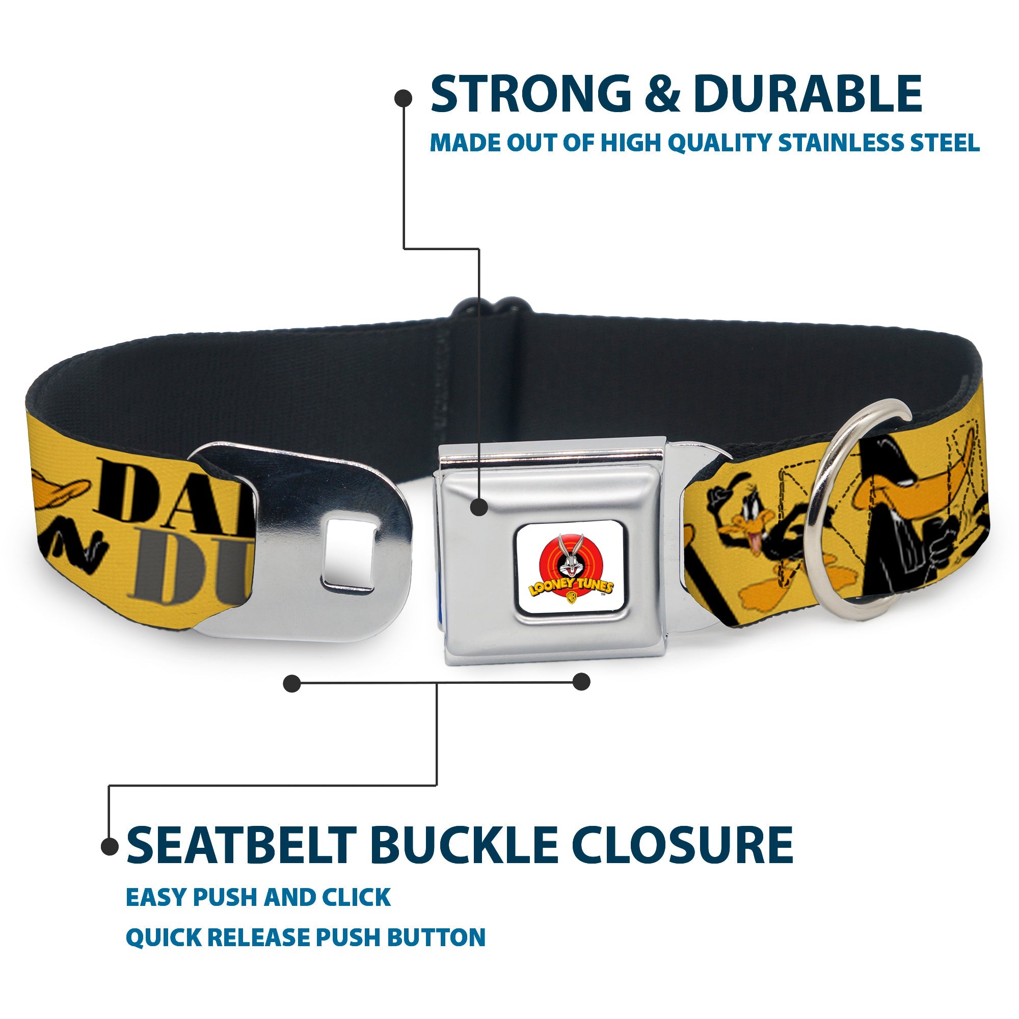 Looney Tunes Logo Full Color White Seatbelt Buckle Collar - DAFFY DUCK w/Poses Yellow/Black