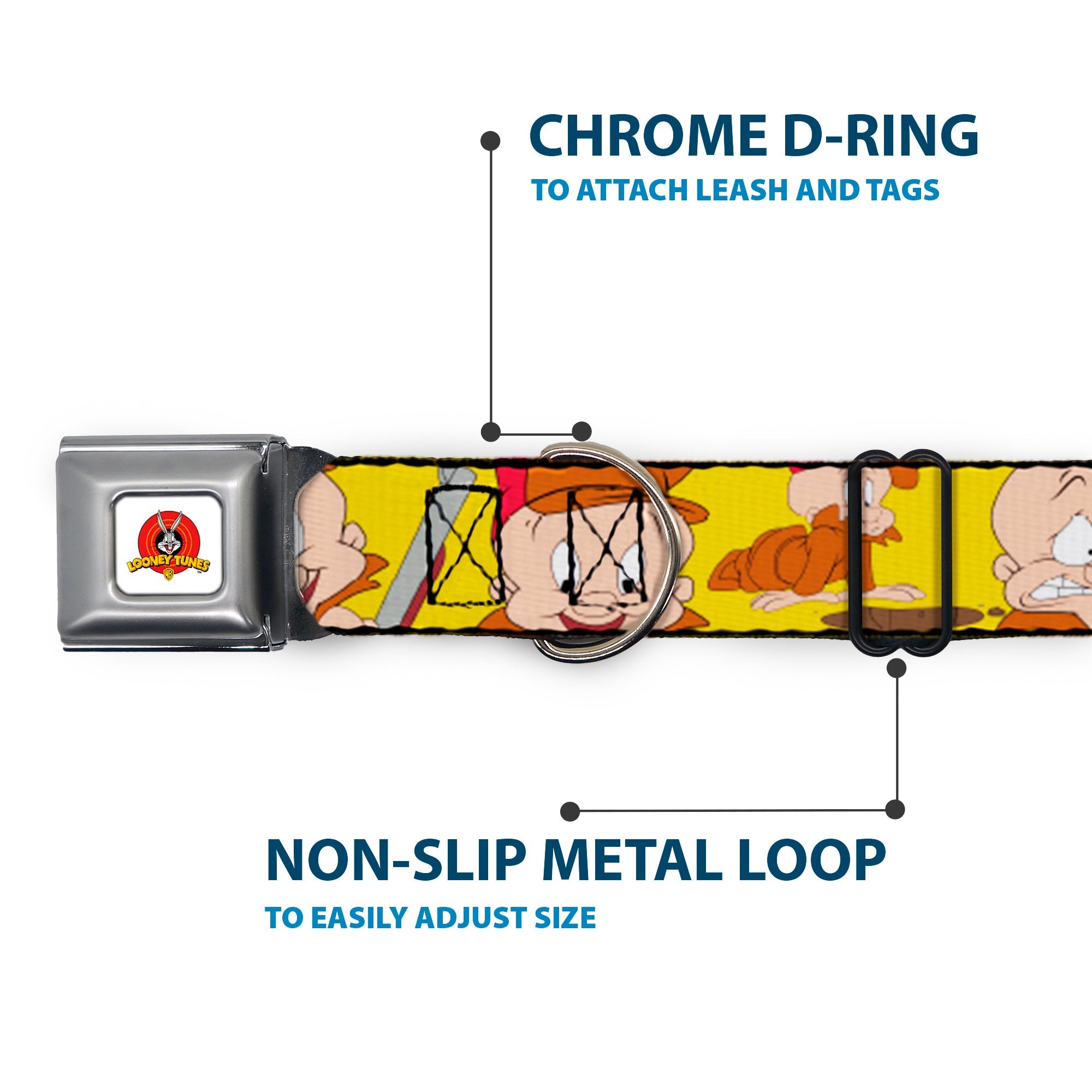 Looney Tunes Logo Full Color White Seatbelt Buckle Collar - Elmer Fudd Expressions Yellow