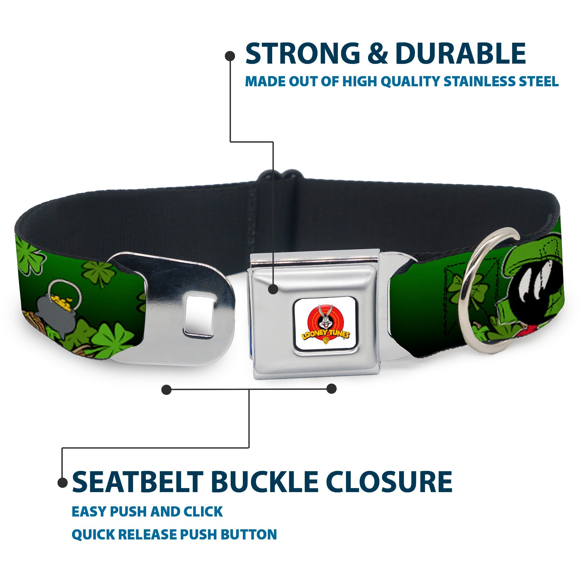 Looney Tunes Logo Full Color White Seatbelt Buckle Collar - Marvin the Martian & K-9 Poses/Clovers Greens