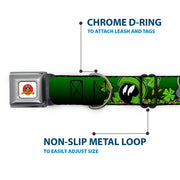 Looney Tunes Logo Full Color White Seatbelt Buckle Collar - Marvin the Martian & K-9 Poses/Clovers Greens