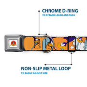 Looney Tunes Logo White Seatbelt Buckle Collar - ROAD RUNNER w/Road Runner Poses Orange
