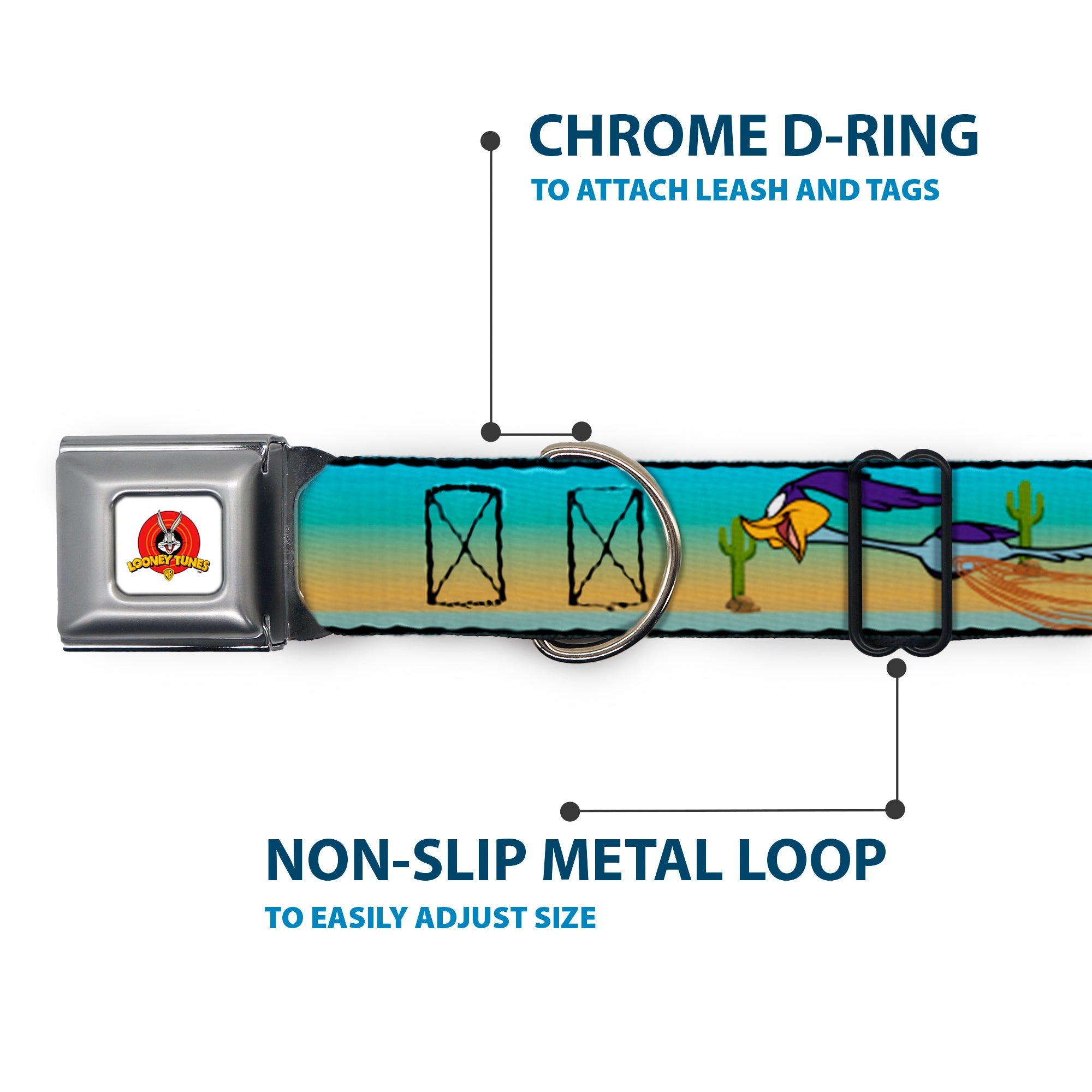 Looney Tunes Logo White Seatbelt Buckle Collar - Road Runner/Wile E. Coyote Scene1 Desert
