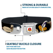 Looney Tunes Logo White Seatbelt Buckle Collar - Road Runner/Wile E. Coyote Expressions CLOSE-UP Black
