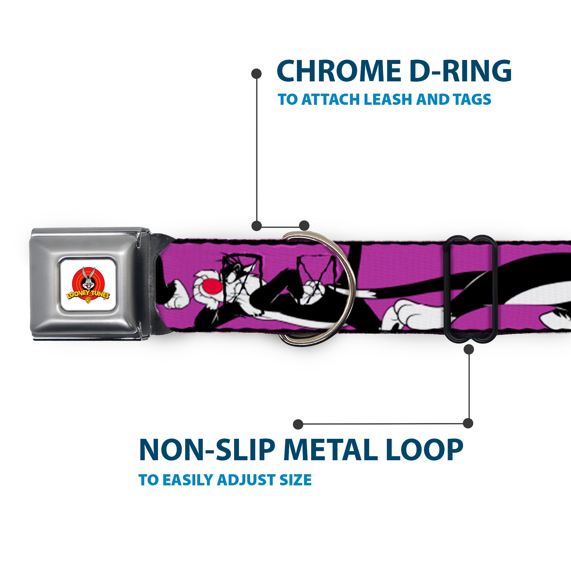 Looney Tunes Logo Full Color White Seatbelt Buckle Collar - Sylvester the Cat Poses Purple