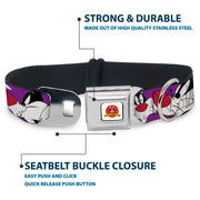 Looney Tunes Logo Full Color White Seatbelt Buckle Collar - Sylvester the Cat Expressions Purple