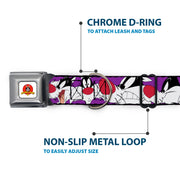Looney Tunes Logo Full Color White Seatbelt Buckle Collar - Sylvester the Cat Expressions Purple