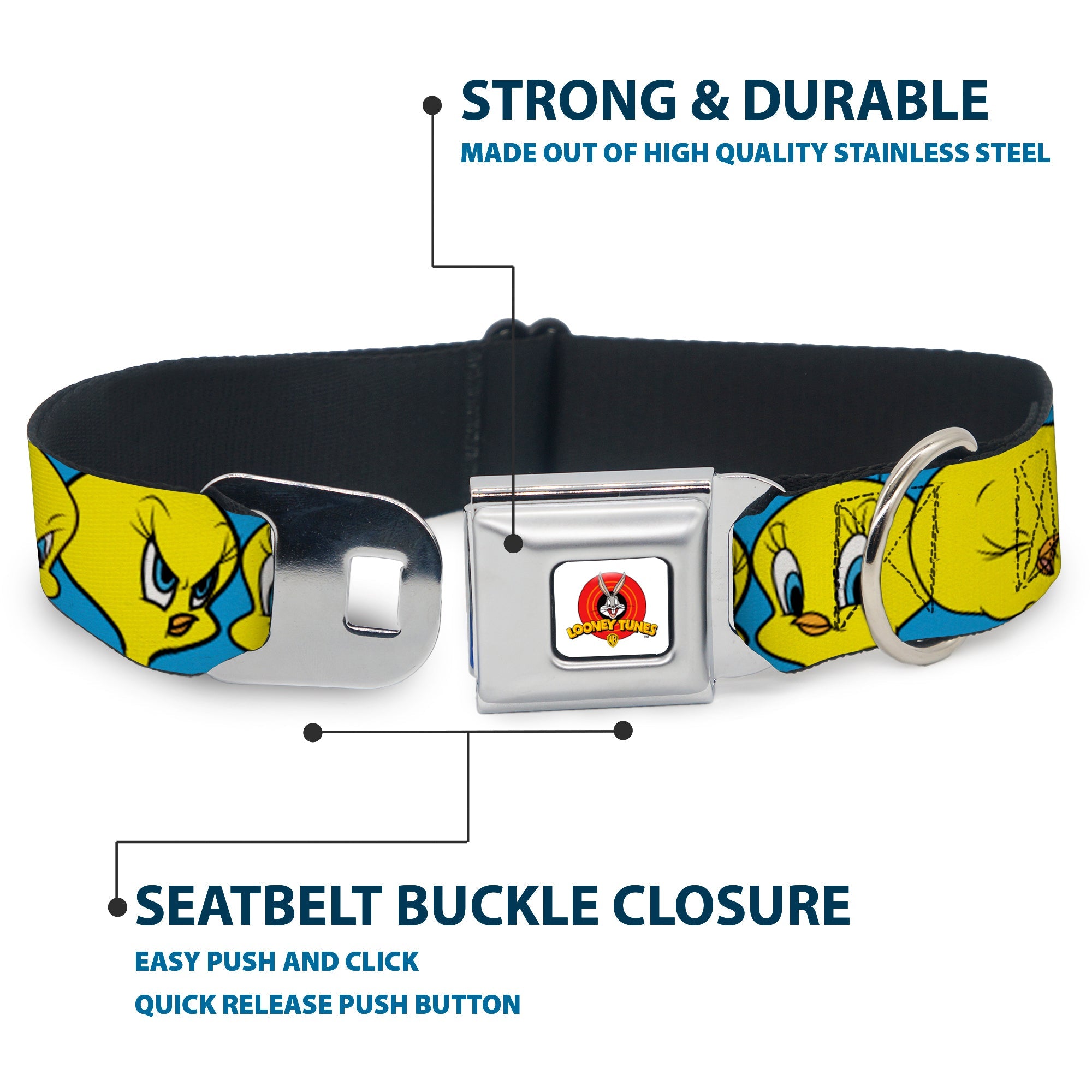 Looney Tunes Logo Full Color White Seatbelt Buckle Collar - Tweety Bird CLOSE-UP Expressions Baby Blue