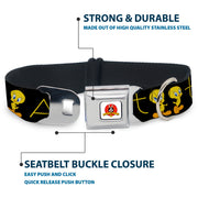 Looney Tunes Logo Full Color White Seatbelt Buckle Collar - Tweety Bird Poses CUTE AND SWEET Black/Yellow