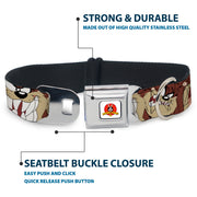 Looney Tunes Logo Full Color White Seatbelt Buckle Collar - Tasmanian Devil Expressions Brown