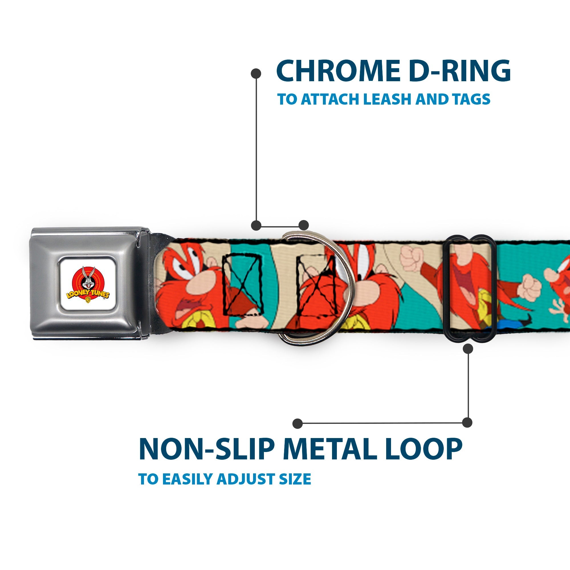 Looney Tunes Logo Full Color White Seatbelt Buckle Collar - Yosemite Sam Poses Turquoise