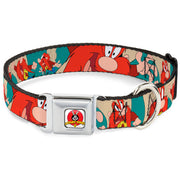 Looney Tunes Logo Full Color White Seatbelt Buckle Collar - Yosemite Sam Poses Turquoise