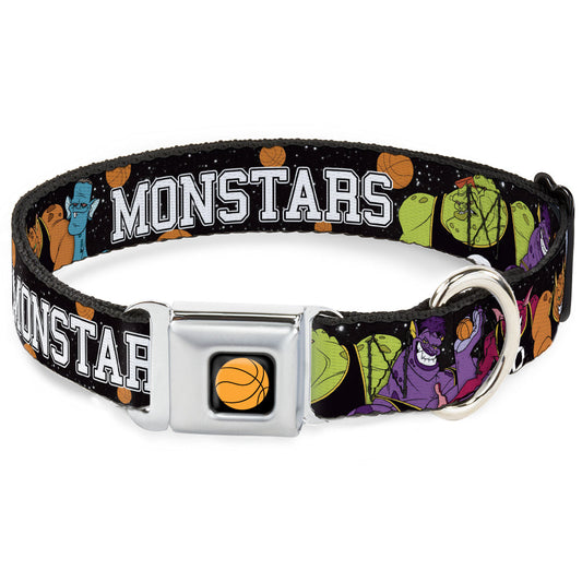 Looney Tunes Basketball Full Color Black Seatbelt Buckle Collar - Space Jam MONSTARS 5-Player Group Pose/Basketballs Galaxy Black/White