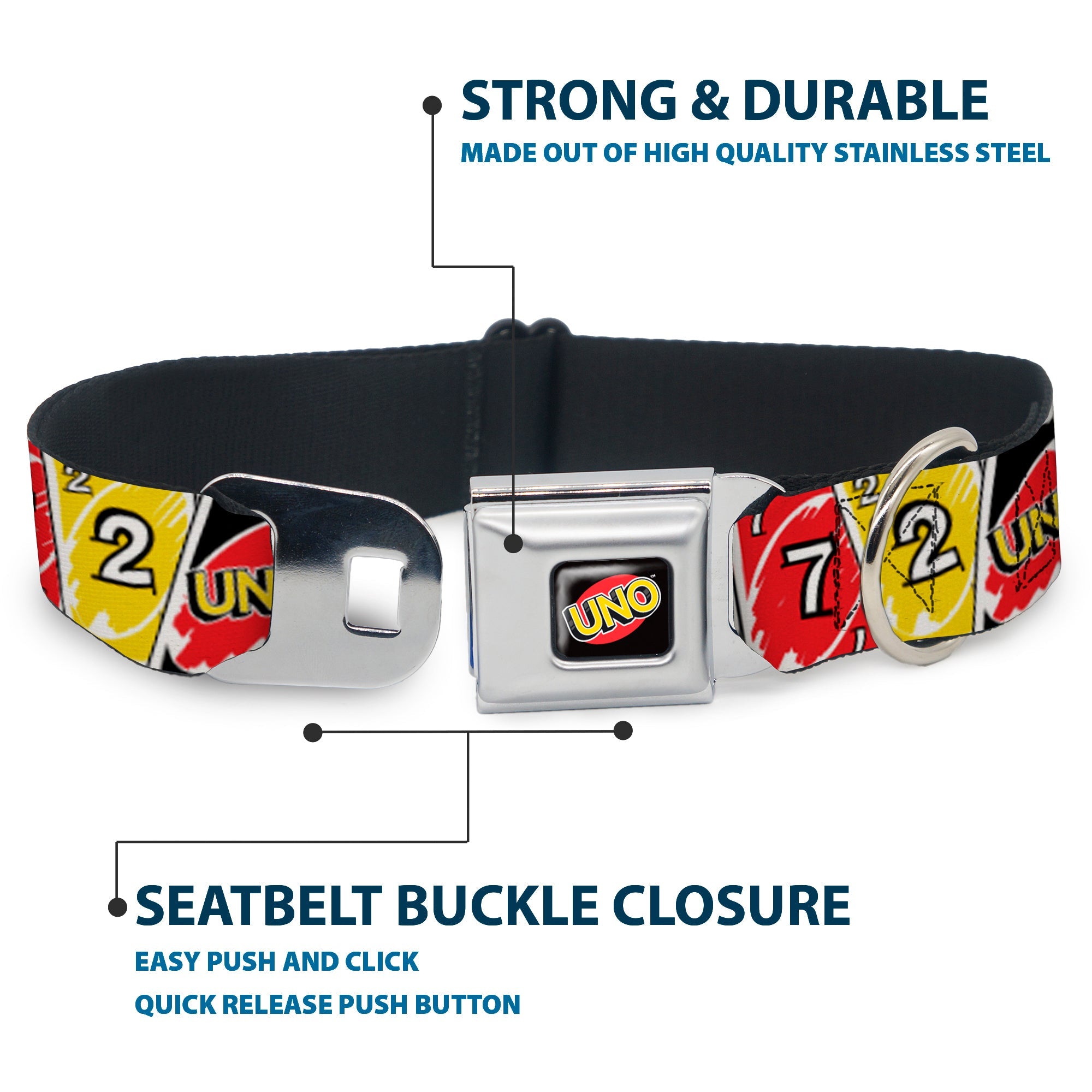 UNO Game Logo Full Color Black/Red/Yellow Seatbelt Buckle Collar - UNO Cards Lineup Stack Multi Color