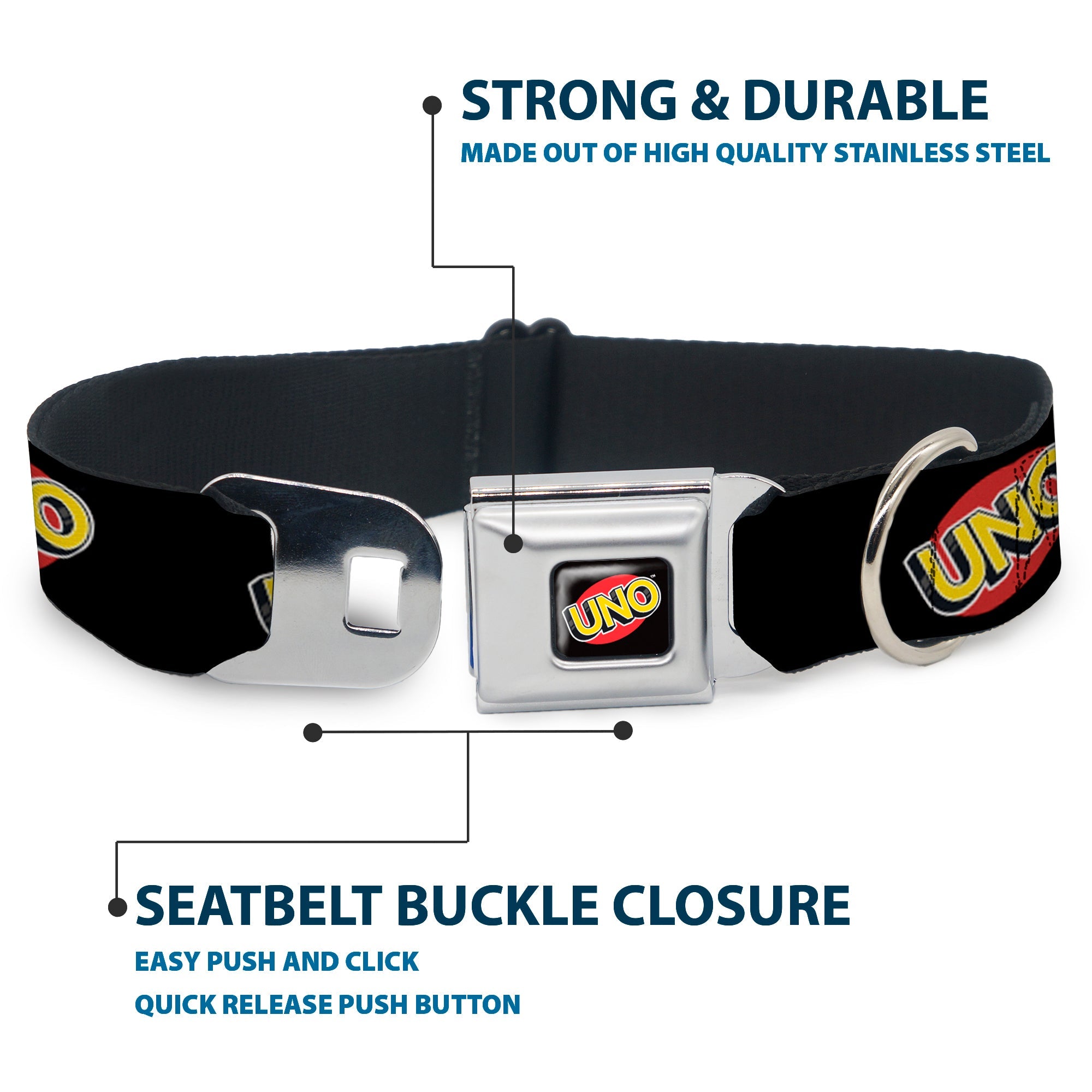UNO Game Logo Full Color Black/Red/Yellow Seatbelt Buckle Collar - UNO Game Logo Black/Red/Yellow