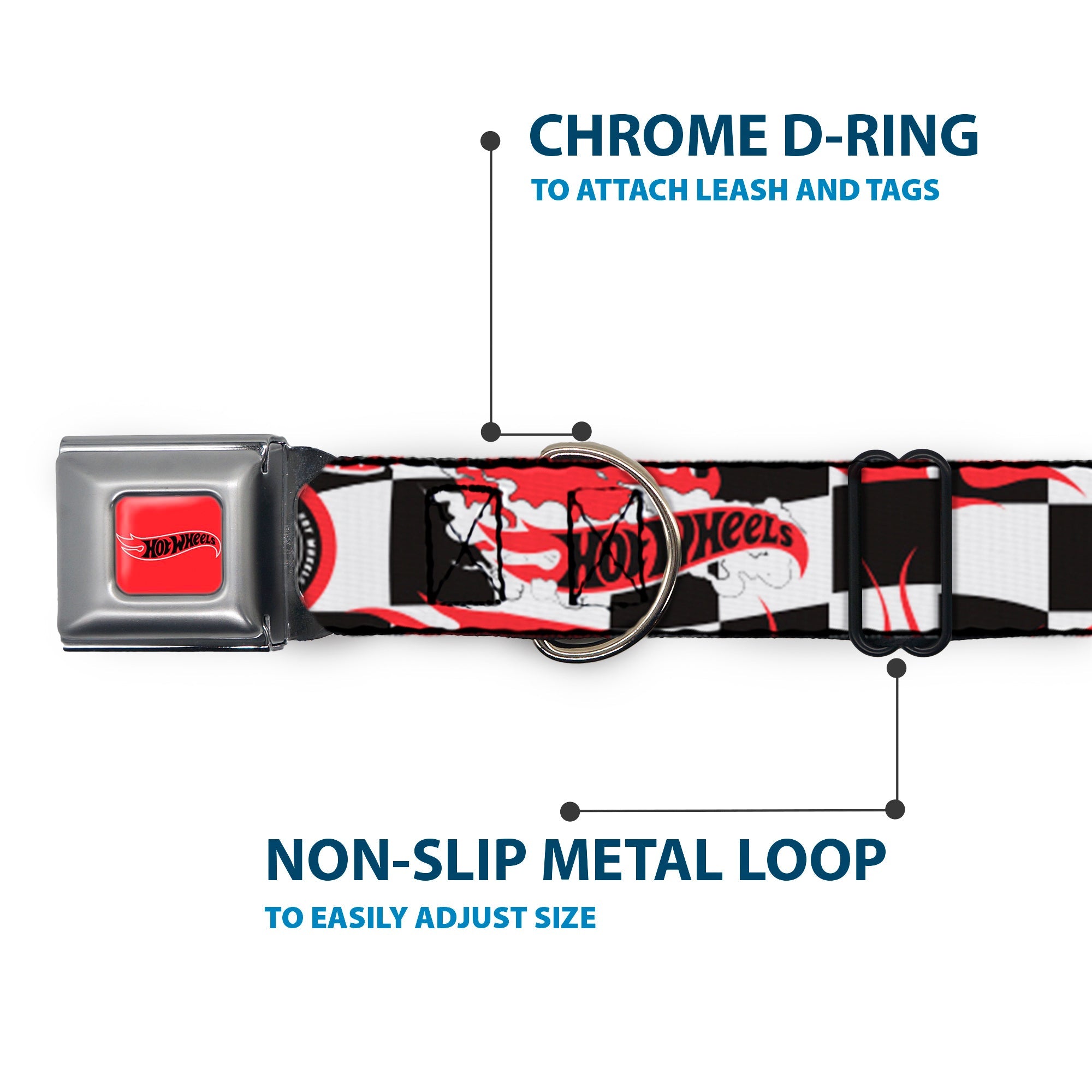 HOT WHEELS Classic Flame Logo Full Color Red/White/Black Seatbelt Buckle Collar - HOT WHEELS Logo and Tire Burn Out Checker Black/White