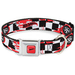 HOT WHEELS Classic Flame Logo Full Color Red/White/Black Seatbelt Buckle Collar - HOT WHEELS Logo and Tire Burn Out Checker Black/White