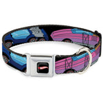 HOT WHEELS Classic Flame Logo Full Color Black/Red/White Seatbelt Buckle Collar - HOT WHEELS Logo and Four Cars Close-Up Black