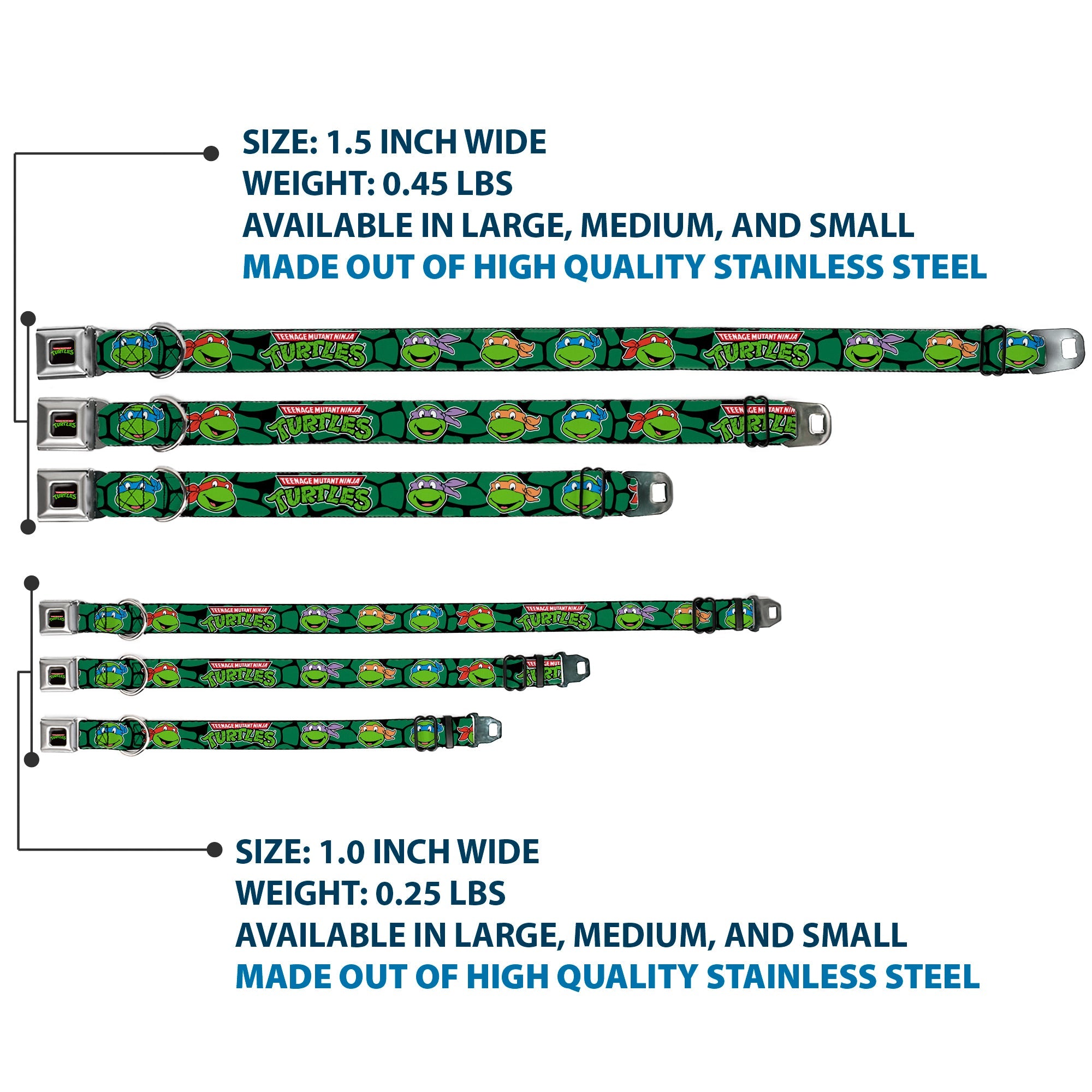 Classic TEENAGE MUTANT NINJA TURTLES Logo Seatbelt Buckle Collar - Classic TEENAGE MUTANT NINJA TURTLES Turtle Faces Black/Green Turtle Shell