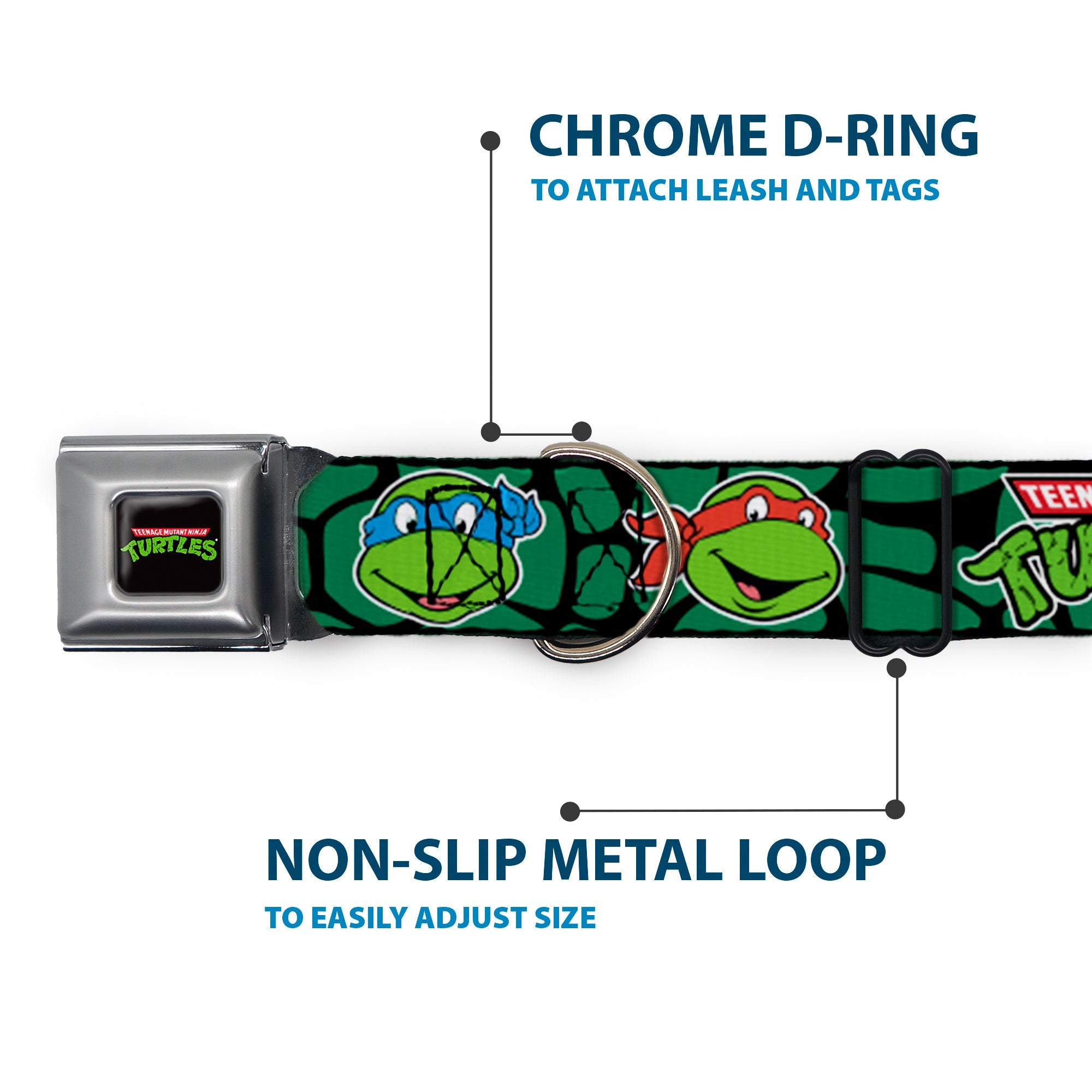 Classic TEENAGE MUTANT NINJA TURTLES Logo Seatbelt Buckle Collar - Classic TEENAGE MUTANT NINJA TURTLES Turtle Faces Black/Green Turtle Shell