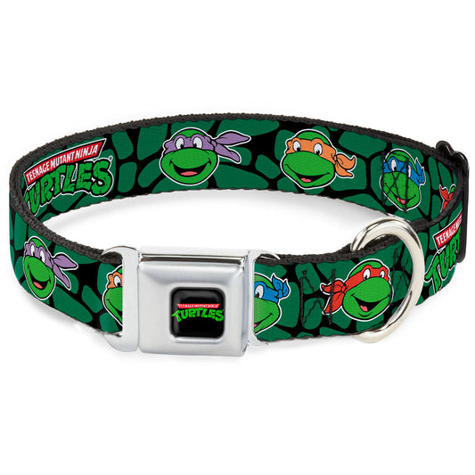 Classic TEENAGE MUTANT NINJA TURTLES Logo Seatbelt Buckle Collar - Classic TEENAGE MUTANT NINJA TURTLES Turtle Faces Black/Green Turtle Shell