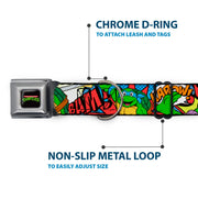 Classic TMNT Logo Full Color Seatbelt Buckle Collar - Classic Teenage Mutant Ninja Turtles Action Poses/Action Bubbles Dots Blues