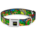 Load image into Gallery viewer, Classic TMNT Logo Full Color Seatbelt Buckle Collar - Classic Teenage Mutant Ninja Turtles Action Poses/Action Bubbles Dots Blues
