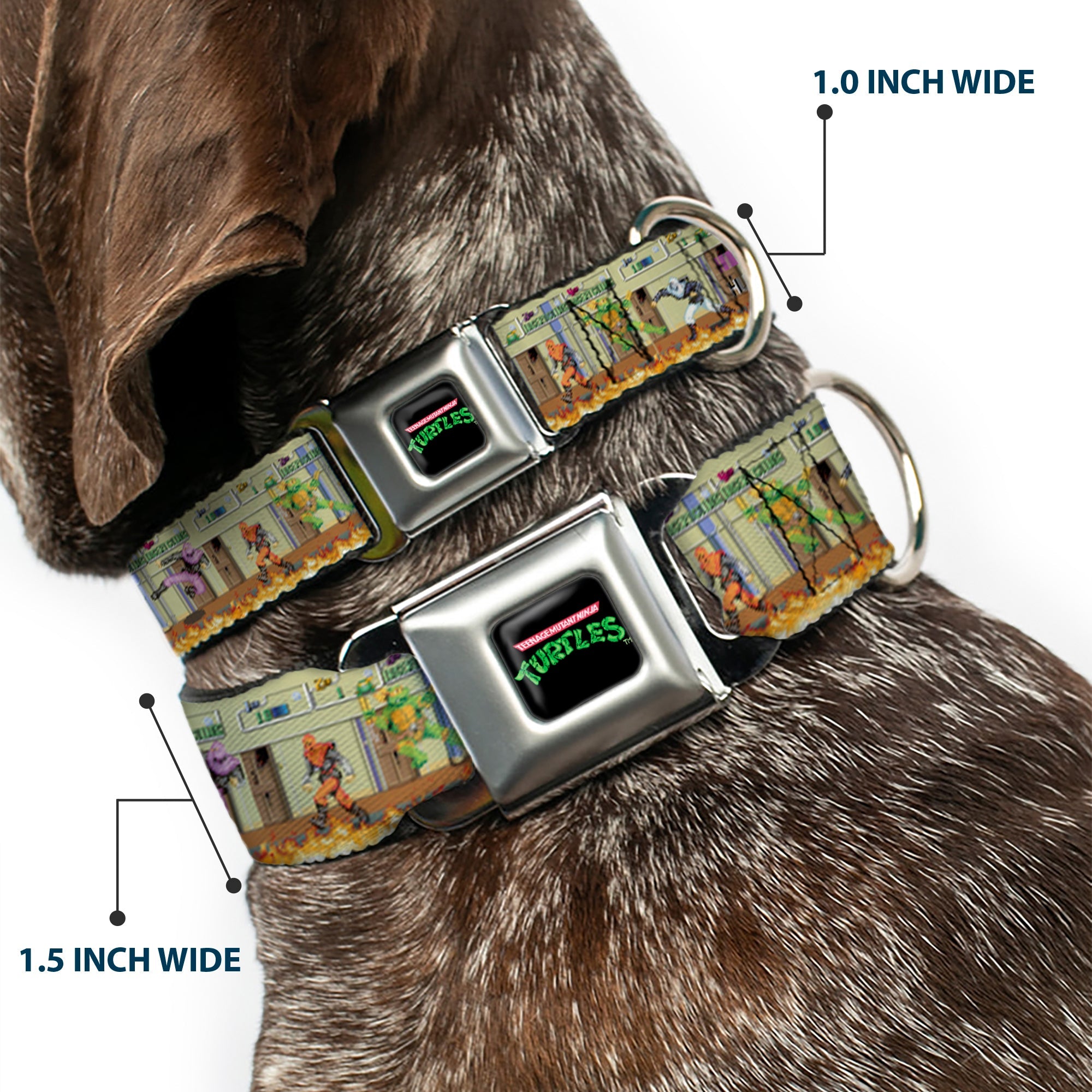 TEENAGE MUTANT NINJA TURTLES Logo Full Color Black Seatbelt Buckle Collar - Teenage Mutant Ninja Turtles Battle Foot Soldiers Ninjas Video Game Scene Tan