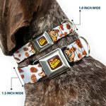 POST COCOA PEBBLES Logo Full Color Brown/Yellows Seatbelt Buckle Collar - Cocoa Pebbles Fred Flintstone and Barney Rubble Hugging Pose and Cereal Pebbles Scattered White/Browns