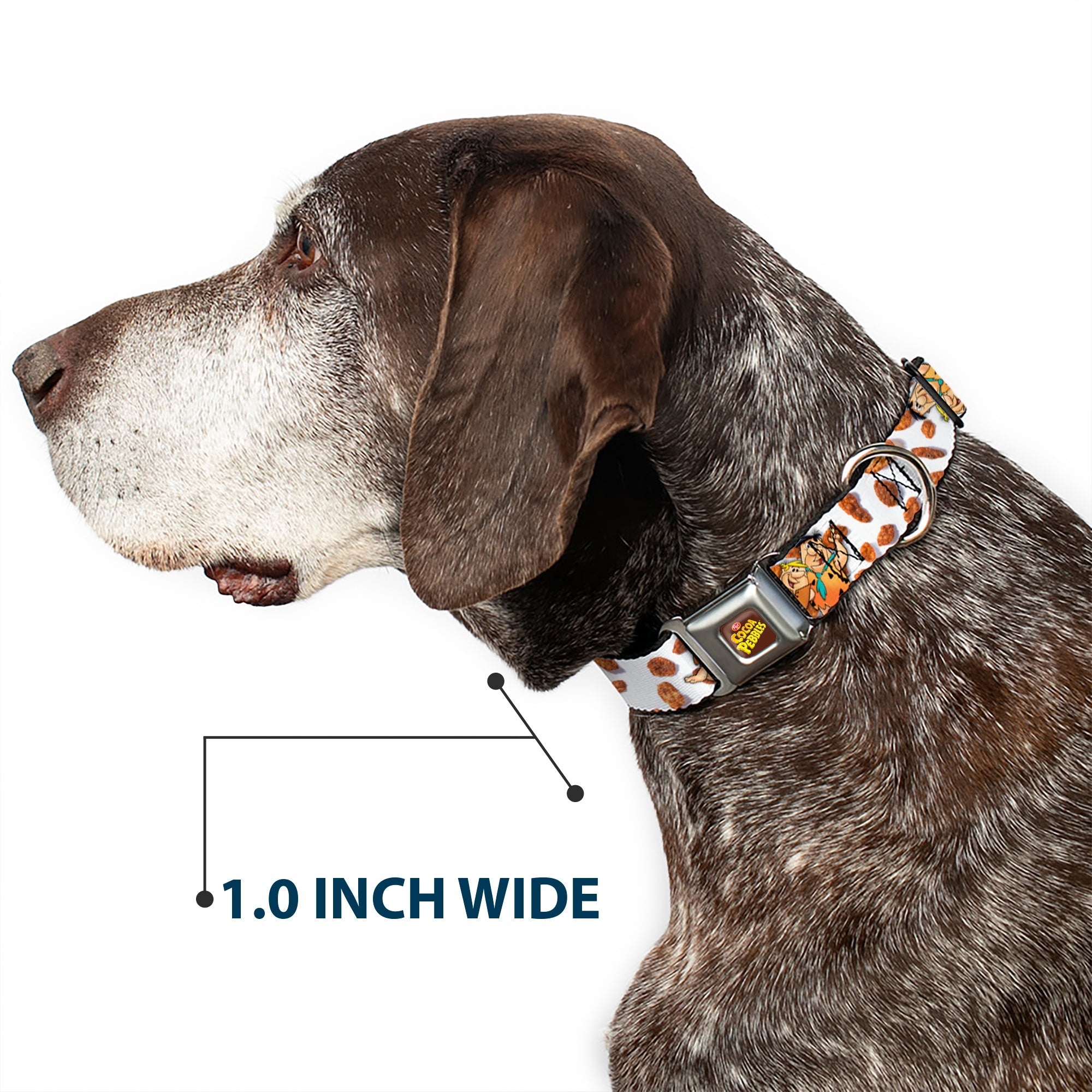 POST COCOA PEBBLES Logo Full Color Brown/Yellows Seatbelt Buckle Collar - Cocoa Pebbles Fred Flintstone and Barney Rubble Hugging Pose and Cereal Pebbles Scattered White/Browns
