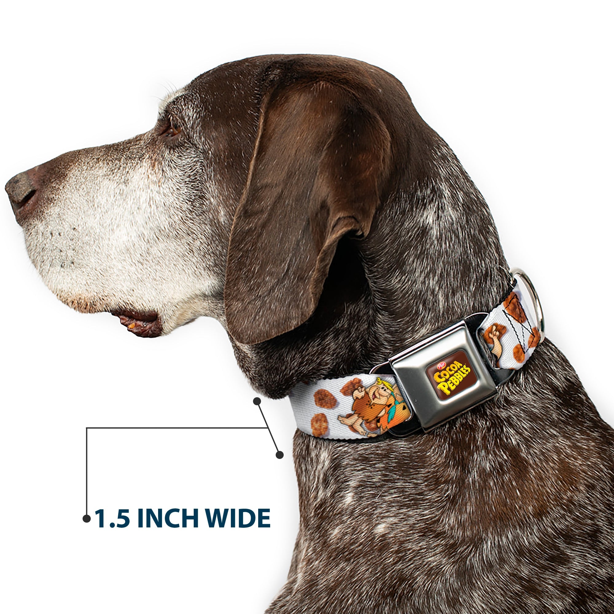 POST COCOA PEBBLES Logo Full Color Brown/Yellows Seatbelt Buckle Collar - Cocoa Pebbles Fred Flintstone and Barney Rubble Hugging Pose and Cereal Pebbles Scattered White/Browns