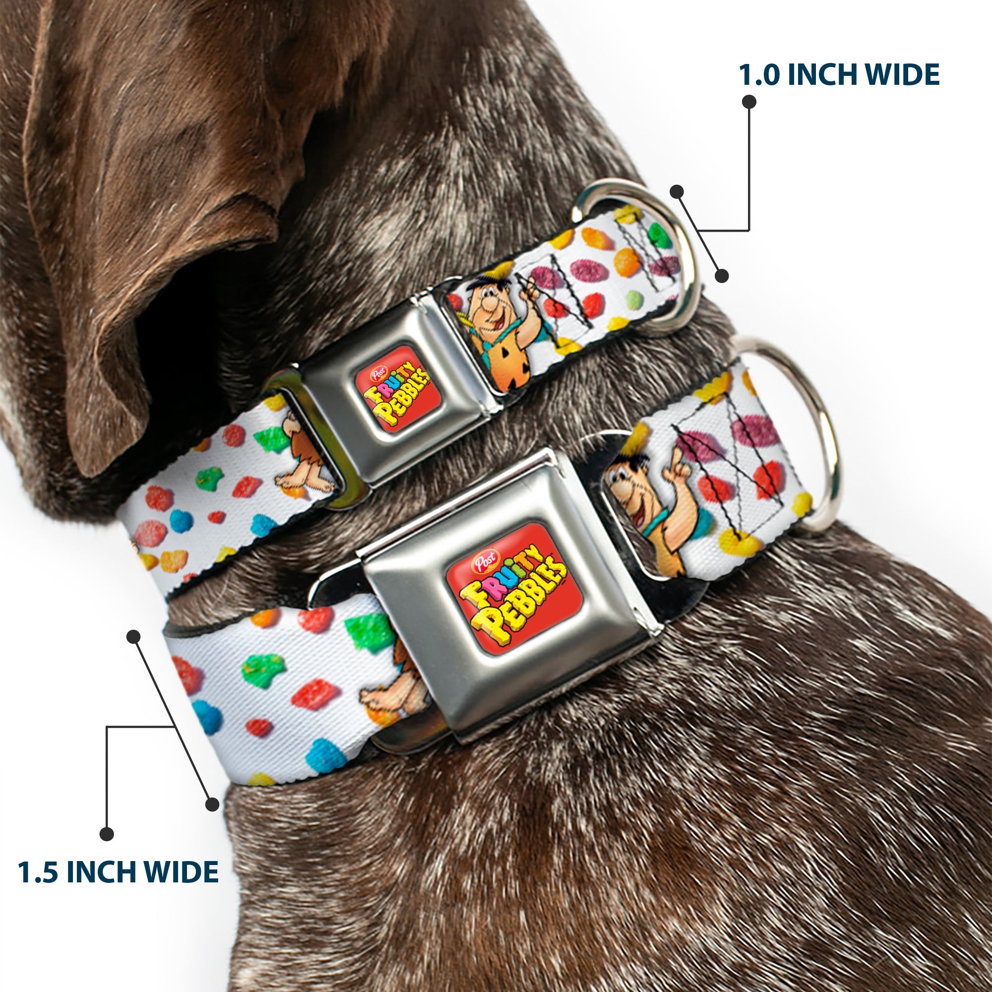 POST FRUITY PEBBLES Logo Full Color Red/Multi Color Seatbelt Buckle Collar - Fruity Pebbles Fred Flintstone and Barney Rubble Hugging Pose and Cereal Pebbles Scattered White/Multi Color