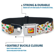 POST FRUITY PEBBLES Logo Full Color Red/Multi Color Seatbelt Buckle Collar - Fruity Pebbles Fred Flintstone and Barney Rubble Hugging Pose and Cereal Pebbles Scattered White/Multi Color