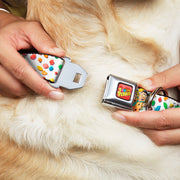 POST FRUITY PEBBLES Logo Full Color Red/Multi Color Seatbelt Buckle Collar - Fruity Pebbles Fred Flintstone and Barney Rubble Hugging Pose and Cereal Pebbles Scattered White/Multi Color