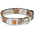 Load image into Gallery viewer, POST FRUITY PEBBLES Logo Full Color Red/Multi Color Seatbelt Buckle Collar - Fruity Pebbles Fred Flintstone and Barney Rubble Hugging Pose and Cereal Pebbles Scattered White/Multi Color
