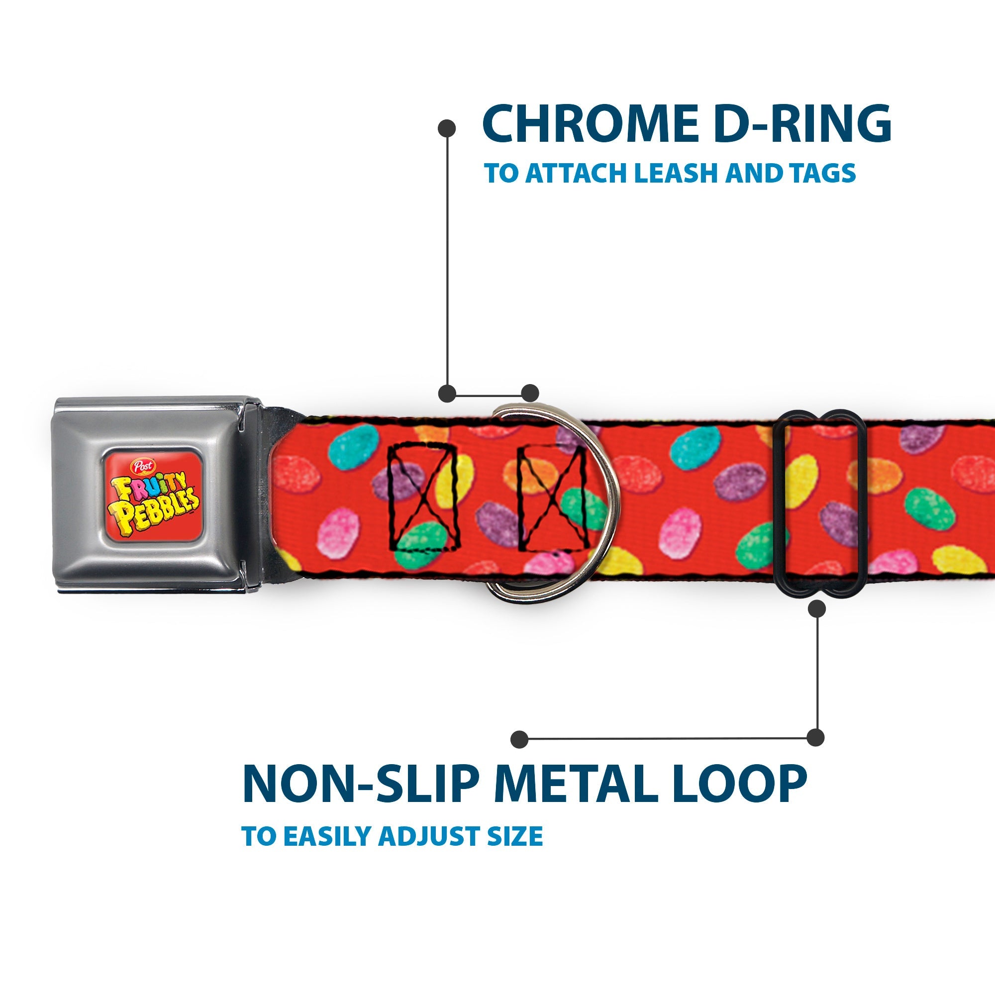 POST FRUITY PEBBLES Logo Full Color Red/Multi Color Seatbelt Buckle Collar - Fruity Pebbles Cereal Pebbles Scattered Red/Multi Color
