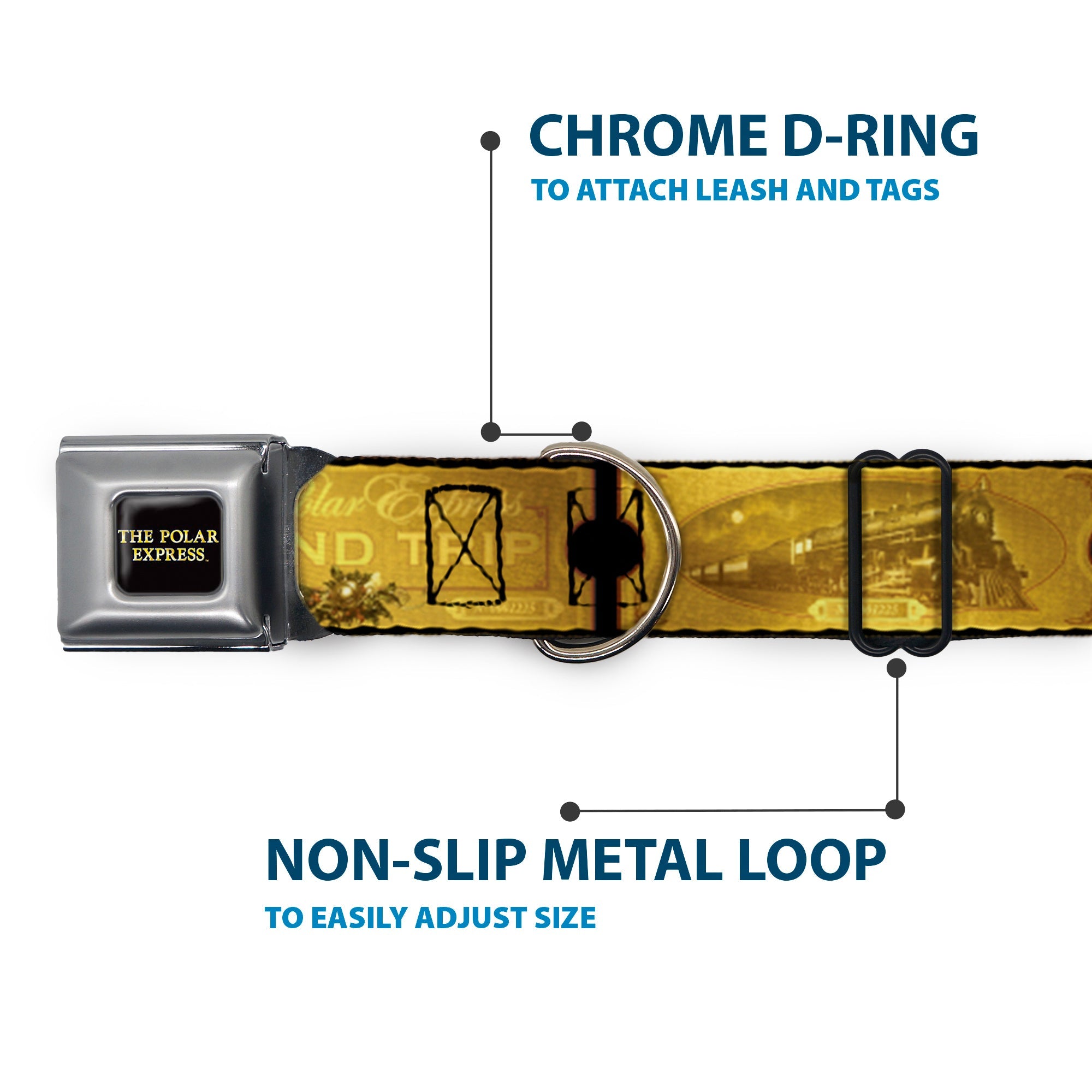 THE POLAR EXPRESS Text Logo Full Color Black/Golds Seatbelt Buckle Collar - THE POLAR EXPRESS ROUND TRIP Ticket Black/Golds