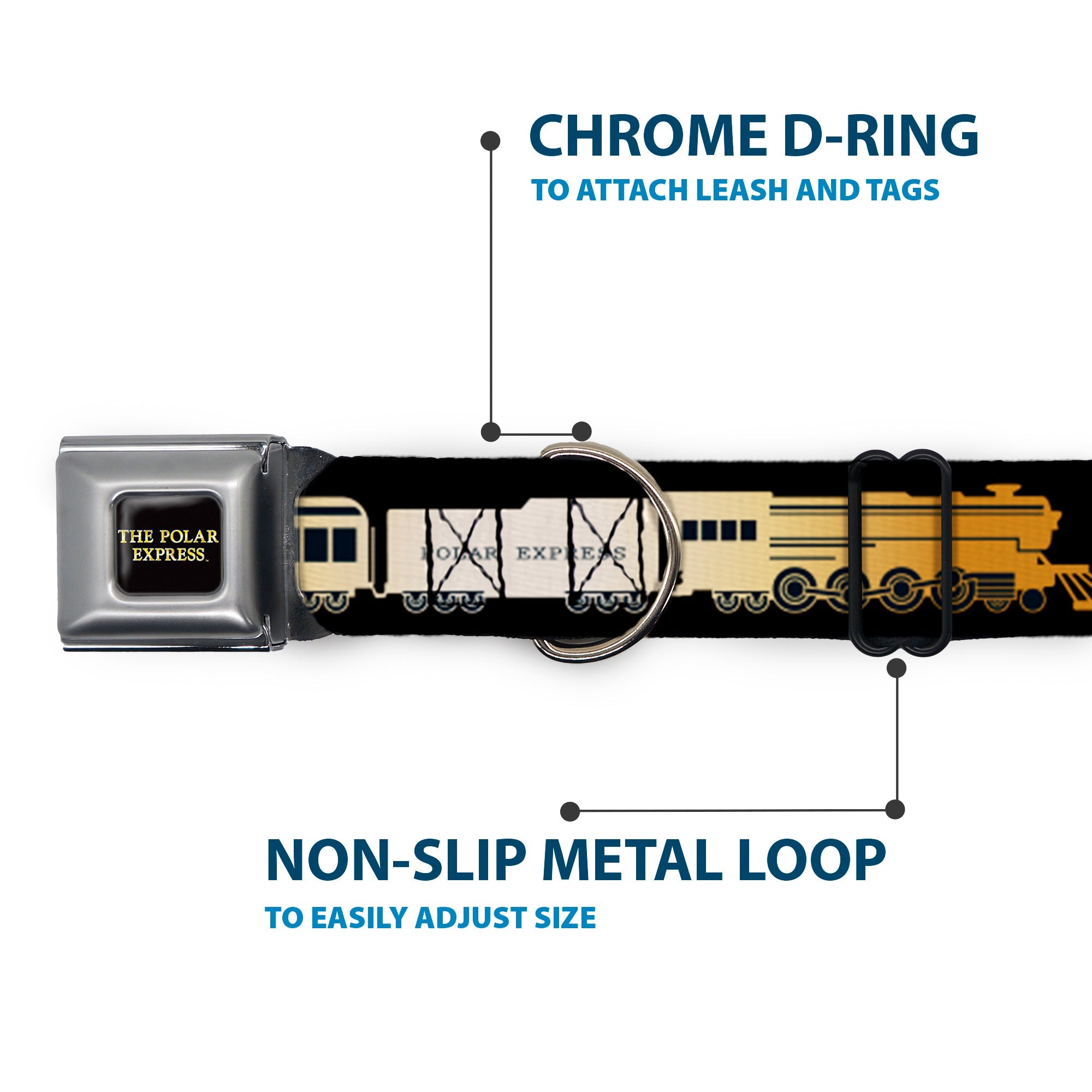 THE POLAR EXPRESS Text Logo Full Color Black/Golds Seatbelt Buckle Collar - POLAR EXPRESS Train Cars Black/Golds